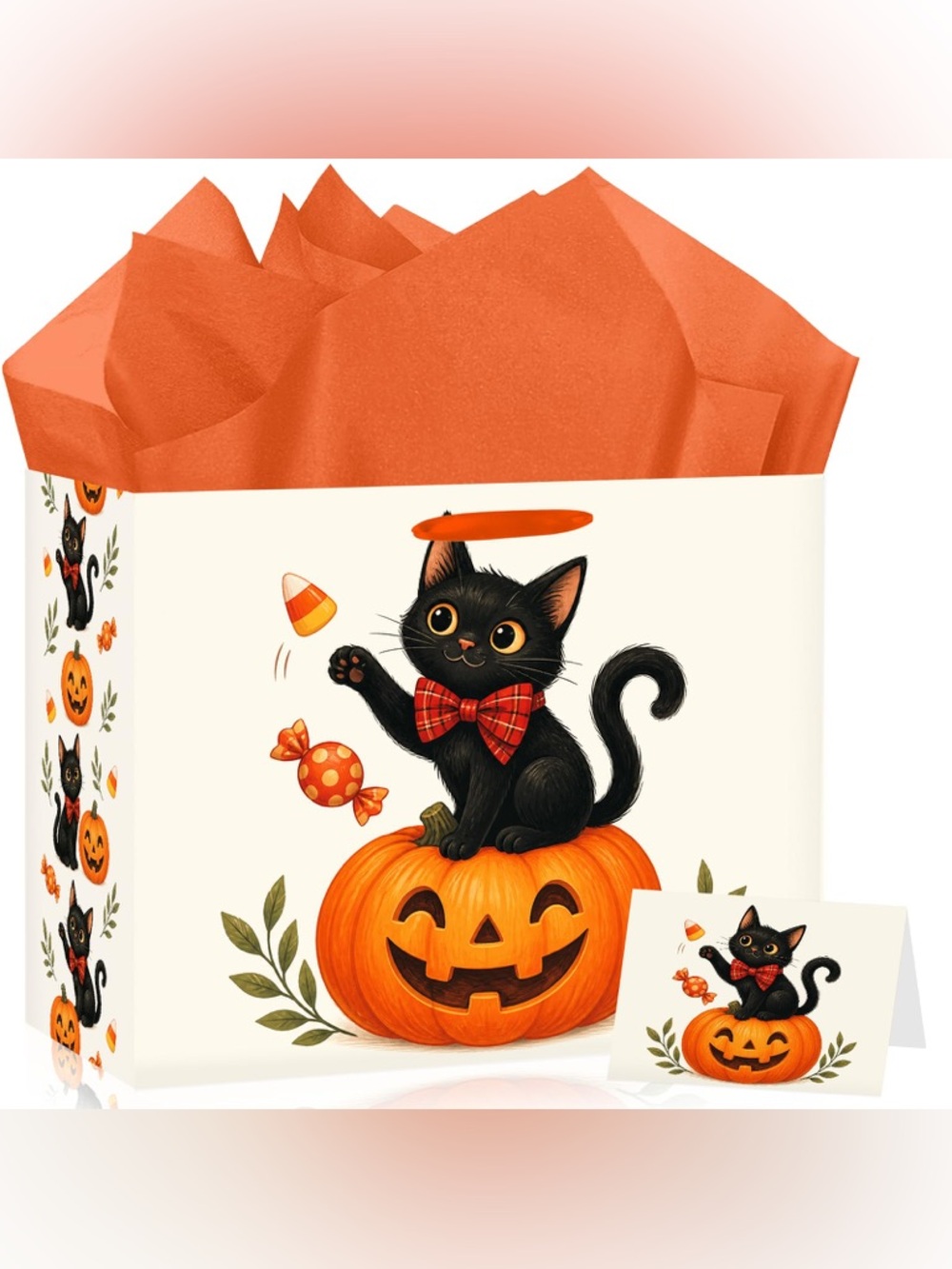 NWT Halloween Gift Bag Set Black Cat Pumpkin Card & Orange Tissue